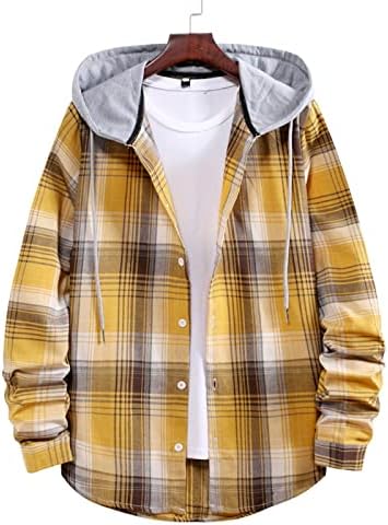 Camisa com capuz masculino, casual casual de camisa xadrez da moda do outono para cima de manga longa blusa básica