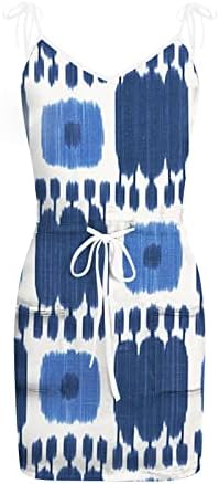 IQKA Women Camis Dress Ty Tye Print Mini vestidos de praia Sundress de cintura elástica de pescoço com vestidos de bolso com vestidos