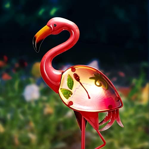 Luzes de estaca de jardim de flamingo solar, estaca de jardim de jardim arte rosa flamingos para decorações de quintal metal