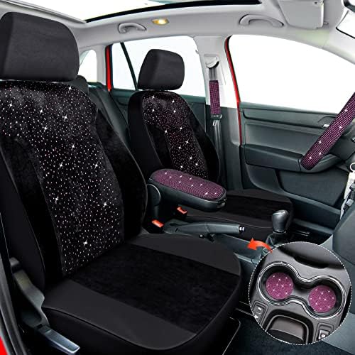 15 PCs Bling Velvet Taber Capas de assento de carro Full Set Bling Bling Car Acessórios para mulheres, Tampa de direção de diamante