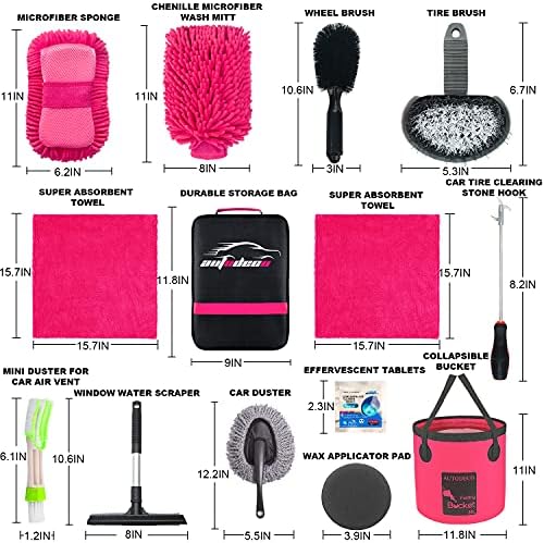 AutoDeCo 22pcs Lavagem de lavagem de carro Kit Detalhamento de carro com saco de lona saco rosa colapsável lavagem de luva de
