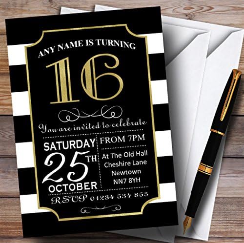 O card zoo preto e branco listrado ouro 16º convites de festa de aniversário personalizados