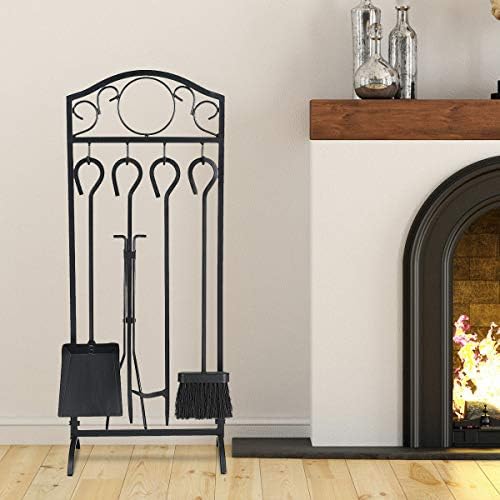 Timmyhouse Fireplace Tool Setter Tong poker Poker Rack Shovel Brassom 5pc Black Steel Fire