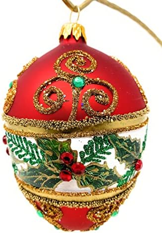 Galeria polonesa Fabergé ovo de 5 polegadas de vidro de vidro de 5 polegadas Árvore de Natal Folhas de visco folhas