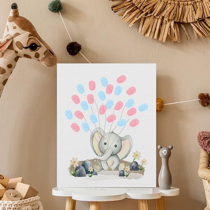Azbuk Cute Elephant Gênero Revelar impressões digitais Livro de convidados da árvore para chá de bebê, animais de bebê