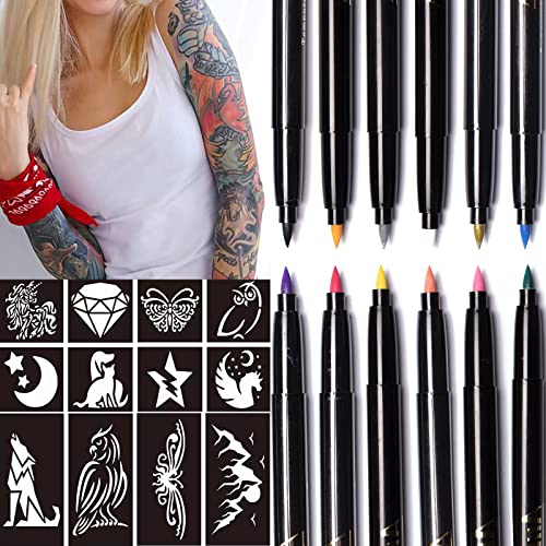 ANMMY Marcadores de tatuagem temporária para a pele, marcadores de 12 contagens+18 grandes estênceis de tatuagem de cores variadas