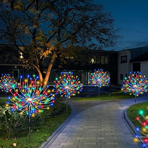 Luzes externas de jardim solar de faísca feliz com timer, 4 Pack Solar Firework Lights 120 LED LUZES DE CONTROLE REMOTO