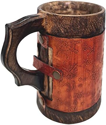 colecioniblesbuy antigo couro de madeira embrulhado em mão esculpida tankard bar drinkwarware ancoragem embutido caneca de madeira