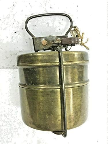 Vintage Old Hand Feed 2 Compartamento Brass Tiffin Antique Lanchs com Bloqueio e chave.