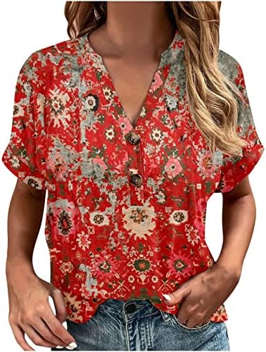 CFDRFGH Summer moda Floral Print T-shirts Tops Mulheres Manga curta Two Buttons V Neck Trendy Casual Tee Bloups