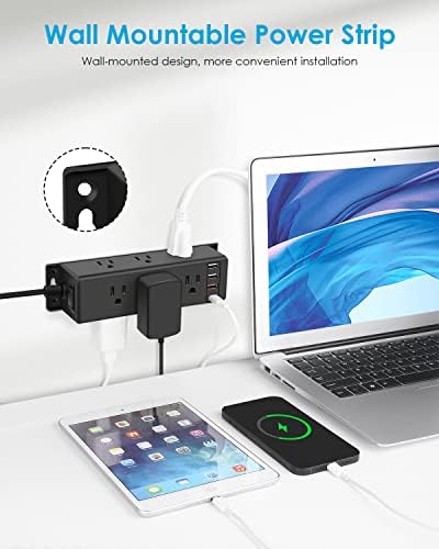 Junnuj Desk Power Strip com 9 pontos de venda, protetor de pula de montagem na parede com portas USB-A e USB-C, estação de carregamento
