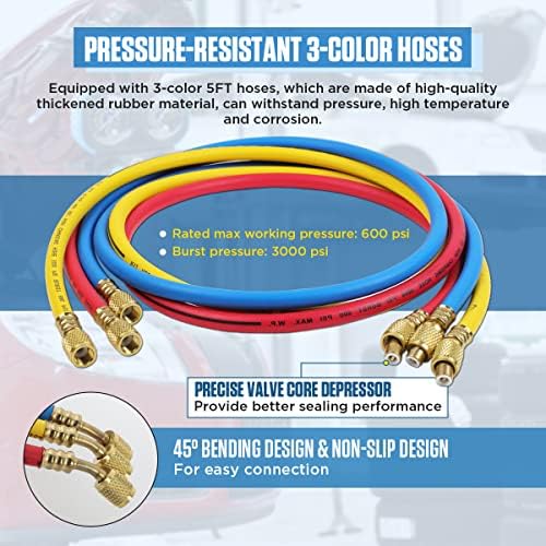 HVAC Mulfeas de 3 vias AC Gares para refrigerantes R134A R1234YF R404A R12, Dial Dial Dual Dual e 360 ​​° de refrigerante anti-Drop