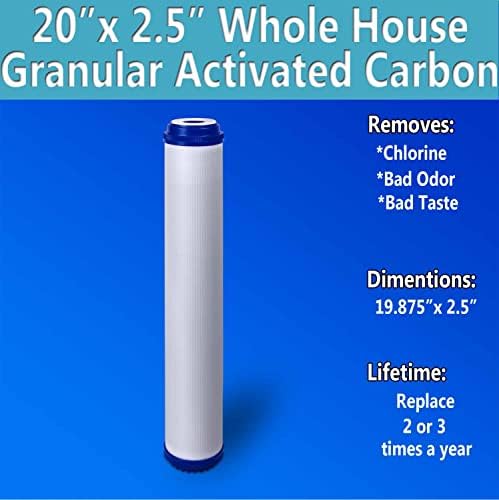Casa inteira padrão Casa de coco Filtro de água de carbono granular ativado 20 ”x 2,5” Caixa de 20 ”x 2,5”. Remova o cloro e o mau odor.