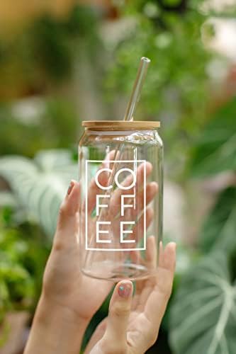 Neweleven Iced Coffee Cup com tampas de bambu e canudos de vidro para Boba, Smoothie, Cocktail - Glass de café de 16 onças