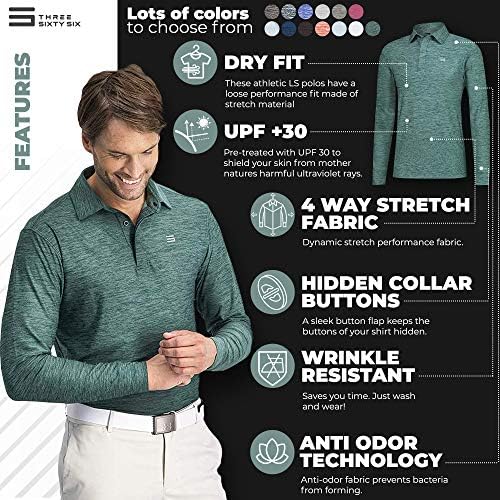 Camisa de golfe de manga comprida de manga comprida masculina - camisas pólo seco rápido - UPF 30, tecido esticado