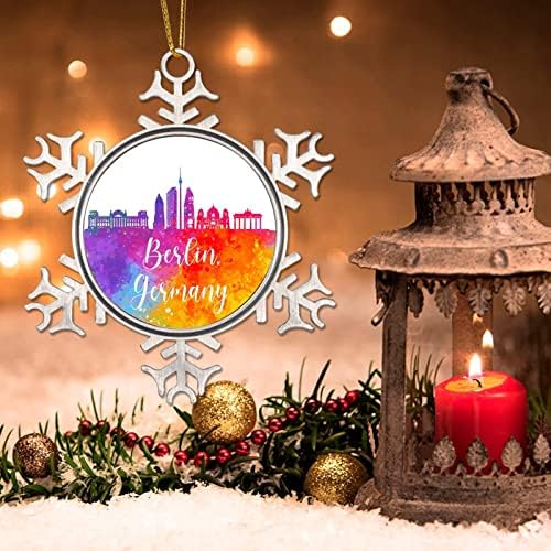 Alemanha Berlin Skyline em aquarela Ornamento de Natal 2022 Alemanha Berlin Skyline Novelty Metal Snowflake Ornamentos de Natal Presente