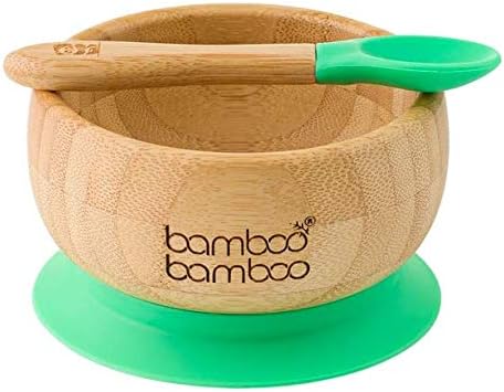 Tigela de sucção Bamboo Bamboo ® para bebê - Bamboo Baby Bowl e colher conjunto com Copa de Silicone Removível para Crianças
