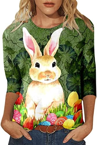 Camisa de coelhinho da Páscoa para mulheres 3/4 manga Camisa fofa Túnica o pescoço Bloups Casual Bloups Top fofo Top de verão