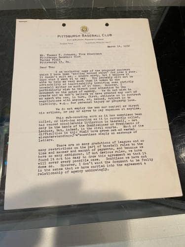 3/14 1952 Pittsburgh Prates Branch Rickey assinou carta sobre seu contrato JSA - MLB Cut Signature