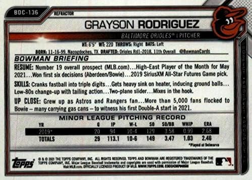 2021 Bowman Chrome Draft Refractor BDC-136 Grayson Rodriguez RC Rookie Baltimore Orioles MLB Baseball Trading Card