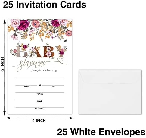 Convites de chá de bebê floral com envelopes, tema de rosa para festa de chá de bebê celebrar, decorações, suprimentos, 25 cartões com