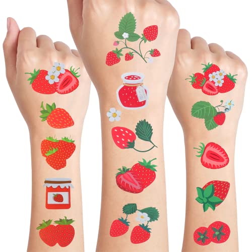 24 lençóis tatuagens temporárias de morango, decorações de aniversário favores de festa de morango