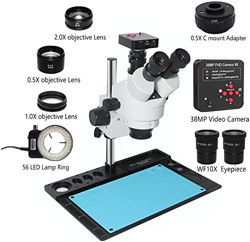 Microscópio de laboratório Microscópio estéreo trinocular com H_DMI 38MP Câmera USB Câmera USB CTV 0,5X Lente para telefone eletrônico