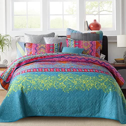 Clante de jogador de quilt qucover - Microfibra leve rosa e azul listrado BOHO Quilts, cama reversível de colcha boêmia