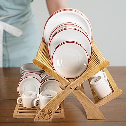Dreams da Terra Bambu Dish Secying Rack com utensílios de utensílios - 3 escurecedor de prato de madeira dobrável de 3 camadas com