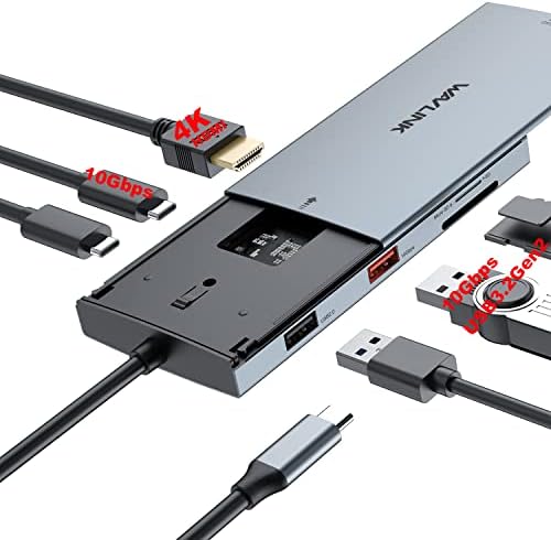 Wavlink Hub multifuncional USB-C com gabinete M.2 NVME/SATA SSD, adaptador multitor de 8 em 1 híbrido tipo C se encaixa na entrega