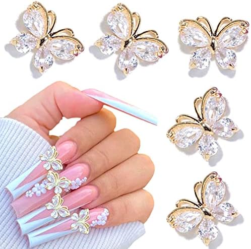5pcs Gold Butterfly Nail Charms Rhinestones for Acrylic Nails 3D Butterflies Jewels Gems Acessórios para mulheres DIY