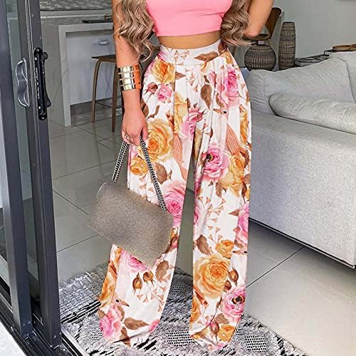 Calça palazzo de perna larga para mulheres estampas florais verão boho praia