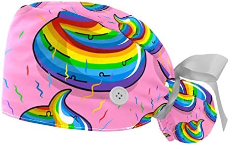 2pcs Mulheres Campa de trabalho ajustável com botão engraçado arco -íris colorido cocô de padrões rosa -rabo de cavalo chapéu de amarração