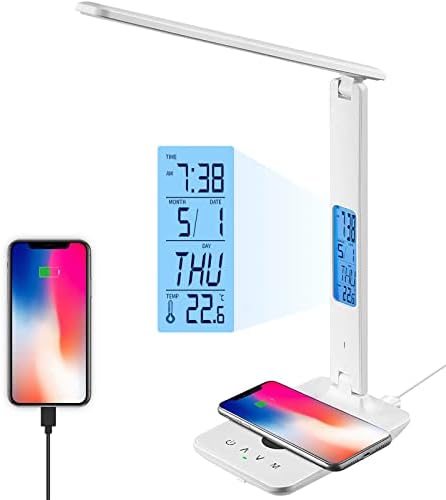 Lâmpada de mesa LED XIMI-V com carregador sem fio, lâmpada de mesa com relógio, alarme, data, temperatura, lâmpada de escritório,