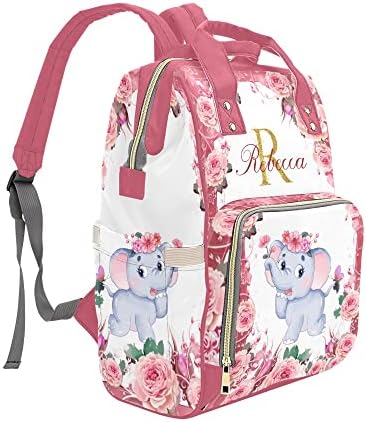 Feliz Flora fofa de flor de elefante de elefante Bolsa de fraldas de fraldas com nome personalizado Mummy Mummy Backpack