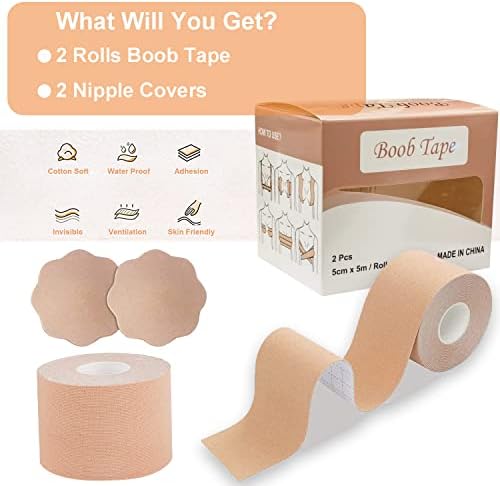 Homtop Boob Tapes 2-Pack com conjunto de tampa de mamilo de 2 pacote, fita de fita de peito respirável Cinturão esportivo,