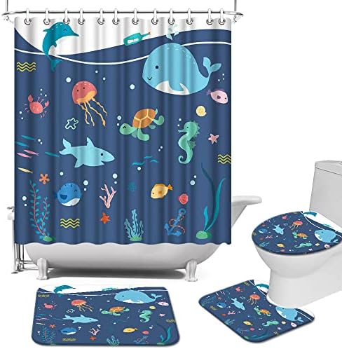 Atgowac 4 peças Blue Ocean Fish Chuser Curtain Conjuntos com tapetes, adoráveis ​​desenhos animados de cortinas do chuveiro