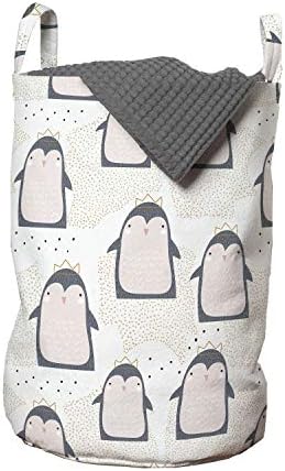 Bolsa de lavanderia de Penguin de Ambesonne, animais de desenho animado de estilo pastel de coroas da Antártica em um fundo