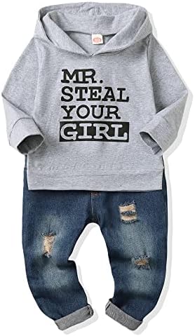 NZRVAWS Roupos de garoto bebê bebê boy boy boy roupas capuz camisa de calça jeans rasgada de calça longa presente para