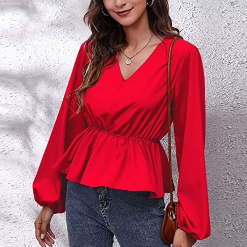 Camisa de peplum de pescoço para mulheres lanterna de manga comprida camisa de bala