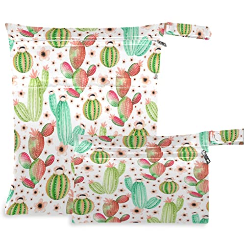 VISESUNNY FLOR DE CACTUS CARTO 2PCS Bolsas de fraldas trocas de bolsas molhadas com bolsos com zíper para fraldas de pano