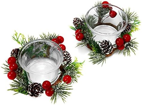 Oyaton Christmas Votivo Votas Votas com Snowy Pinecone Berry Candle Ring, Decorative Glass Tealight Veller Conjunto de 2 para