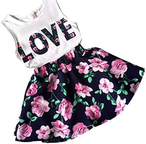 Terbklf Girls Crianças Crianças de verão Cartas de amor Impresso colete sem mangas blusa+saia floral clássica Marinha marinha