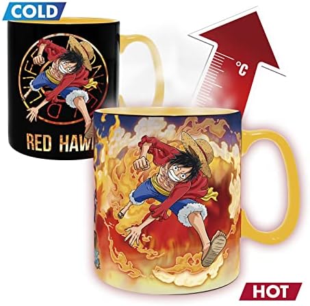 Abystyle One Piece Luffy e Sabo Magic Heat Mudança Cesma de Cerâmica Capé 16 oz. & ABSERBENTECENTE Set Gift Set Anime Manga Drinkware