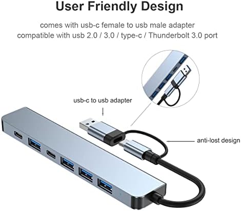 Extender USB para porta tipo C e Tipo A, 7 em 1 spliter USB, acessório de computador com USB-C USB-A, adaptador dongle para