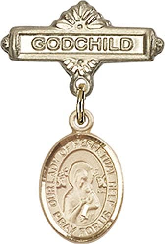 Jóias Obsession Baby Badge com Nossa Senhora do Perpétuo Ajuda Charme e Godchild Badge Pin | Crachá de bebê de ouro 14k
