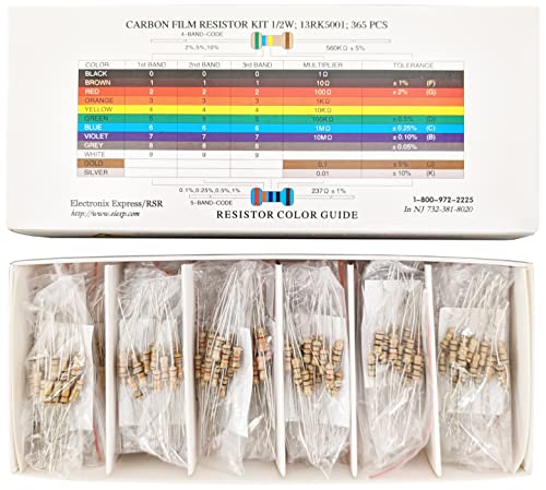 Kit de resistor de 365 peças 1/2 watt em caixa de armazenamento de papelão compartimentalizada - ampla variedade de valores