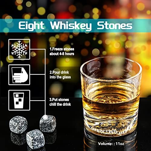 M TIME C Clube Whisky Stones and Whiskey Glass Gift Set, 8 rochas arrepiantes com 2 óculos de cristal 10,6 onças,