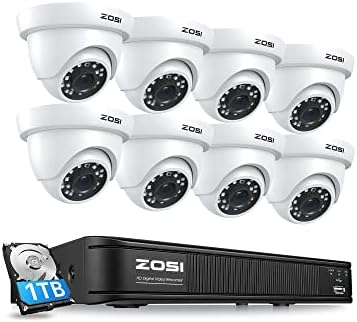 Zosi 1080p H.265+ Sistema de câmera de segurança em casa, DVR de 5MP Lite 8 canais com disco rígido 1 TB e 8 x 1080p Câmera de cúpula