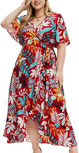 Verão feminino solto quimono maxi vestido embrulhado v pescoço de campainha de sino de folha tropical estampa de fenda alta